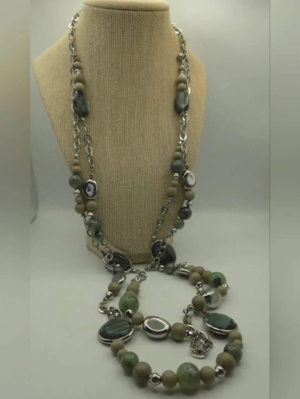 Chico's Green Labradorite Bead Multi-Strand Necklace Silver Accents Nature Fairy